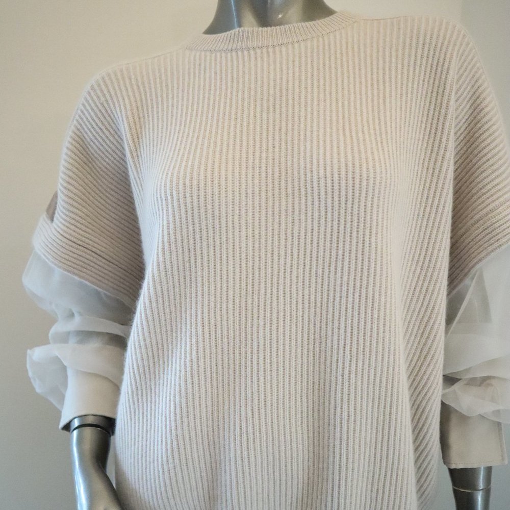 Brunello Cucinelli Cashmere Sweater Monili Beige Shear Sleeves Size X-Large New - Picture 6 of 10